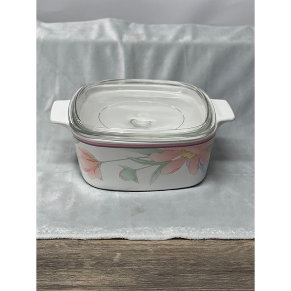 CorningWare A-1 1/2-B 1.5L Floral Watercolor Casserole Dish w/PYREX Lid Vtg - Picture 2 of 9
